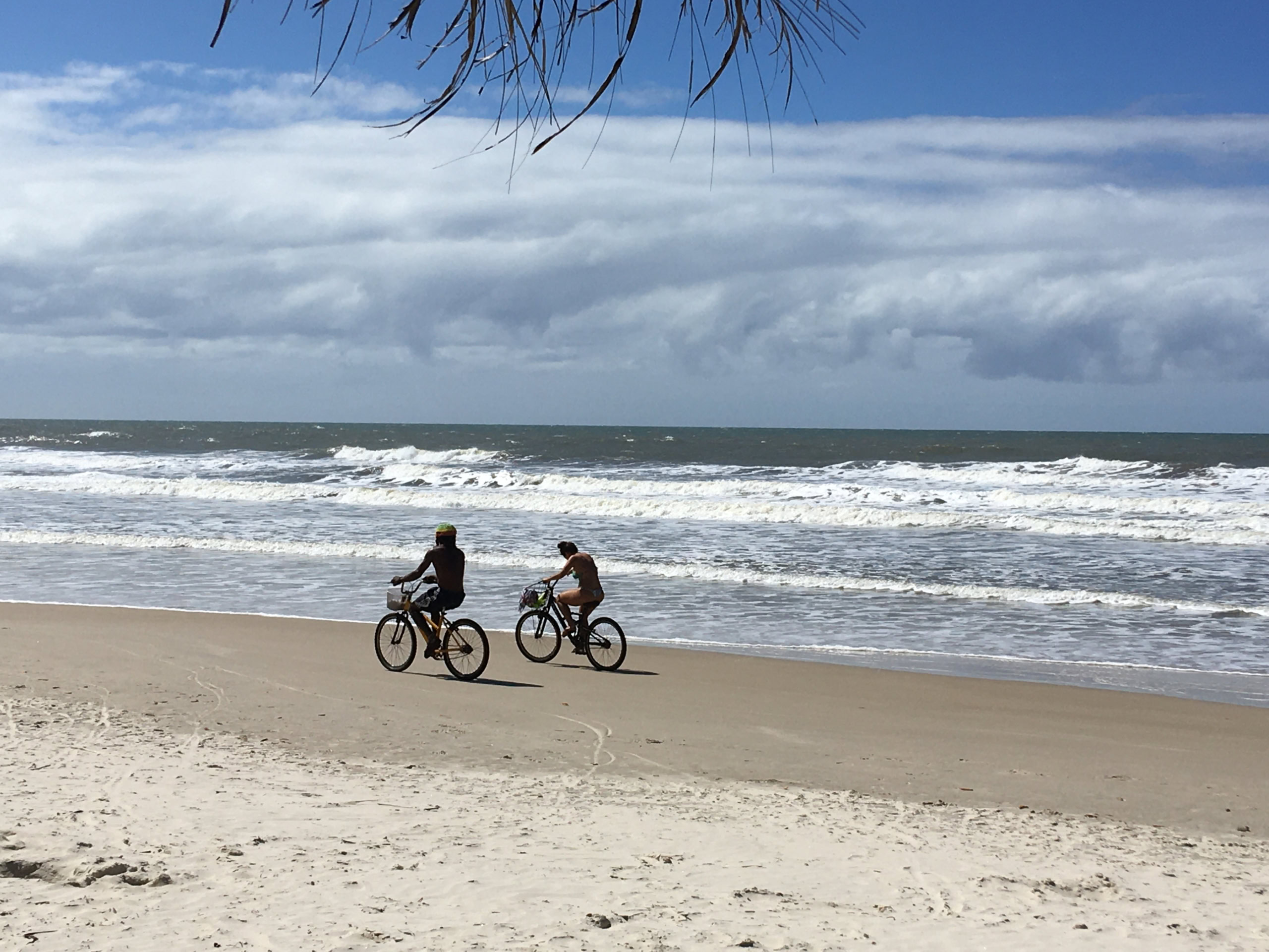 Two people riding bikes on the beach