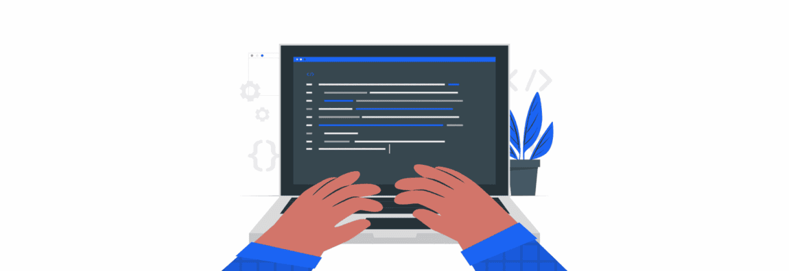 Coding on a laptop with coding lines displayed on the screen, hands typing, modern workspace, technology, programming, developer work environment.